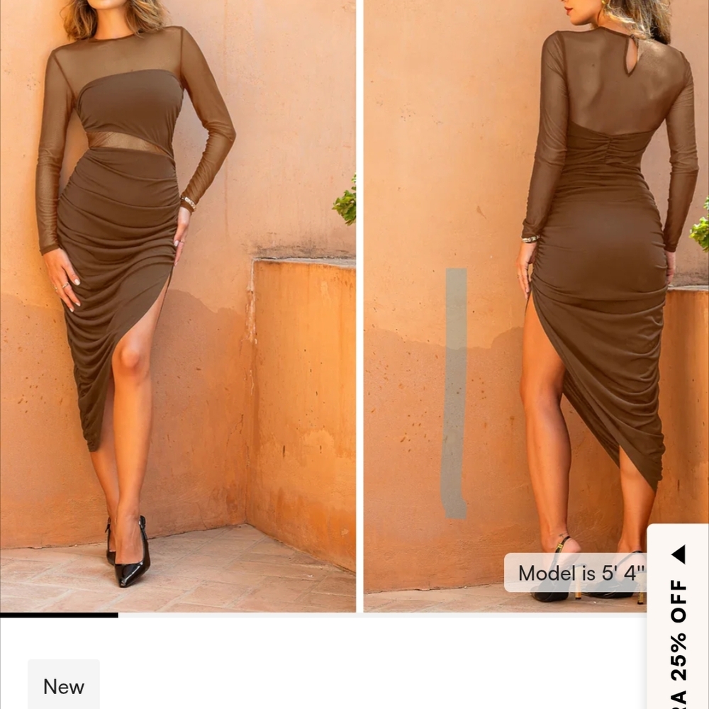 Chic Brown Mesh Midi Dress